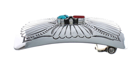 Native American Navajo Sterling Silver Turquoise And Coral Belt Buckle AX125188